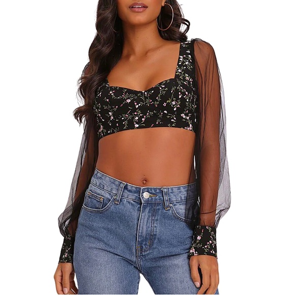 PINK BLACK FLORAL MILKMAID CROP TOP WITH LONG SLEEVES - SIZE 12 - Picture 1 of 6